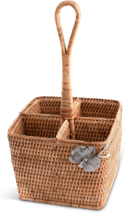 Vagabond House Utensil Caddy - Elegant Rattan Cutlery Holder for Party, Designer Utensil Holder with 4 Compartments, Functional Wicker with Pewter Orchid Flower, Ideal for Tropical Home 12 Inches