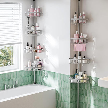 ESSEME Corner Shower Caddy Tension Pole: Adjustable Rustproof 4-Tier Inside Bathroom Organizer - 47-121 inch Quick Installation Bathtub Shelves for Shampoo Storage - Rod Floor Standing Bath Rack