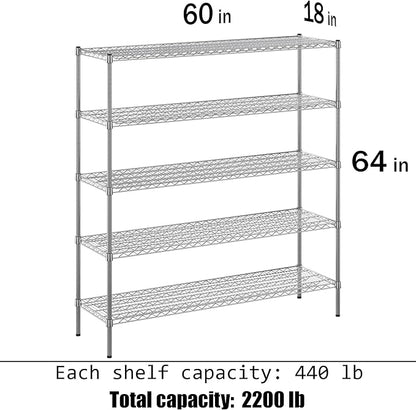 18" Deep x 60" Wide x 64" Height Wire Shelving Kit | 5-Tier | NSF Commercial Storage Rack Unit