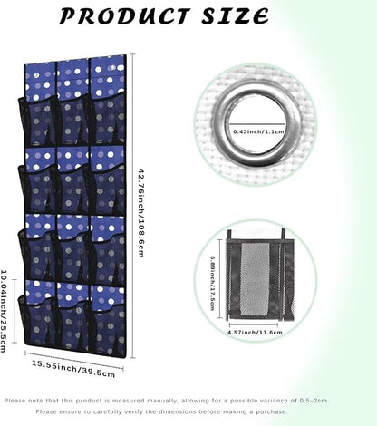 12-Pocket Over The Door Hanging Organizer, Lightweight Oxford Cloth Waterproof Foldable and Perfect for Bathroom Bedroom or Closet Storage Solutions, Dots Print Dark Blue