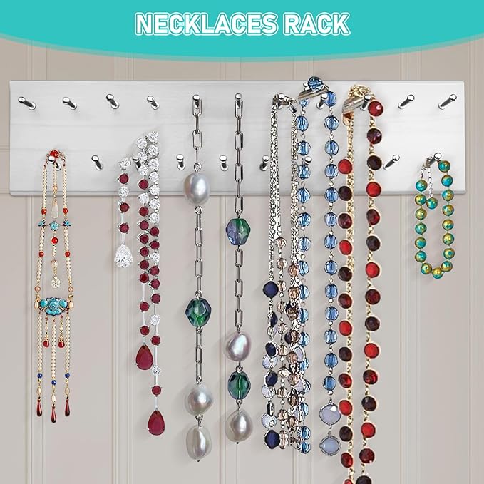 Tie Rack Wall Mounted, Wood Belt Hanger for Closet with 21 Chrome Hooks, Belt Storage Holder Organizer for Men Belts, Ties, Scarves, White