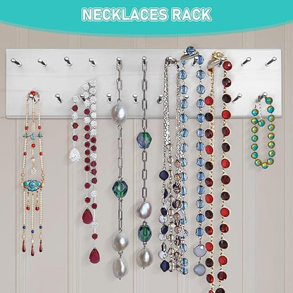 Tie Rack Wall Mounted, Wood Belt Hanger for Closet with 21 Chrome Hooks, Belt Storage Holder Organizer for Men Belts, Ties, Scarves, White