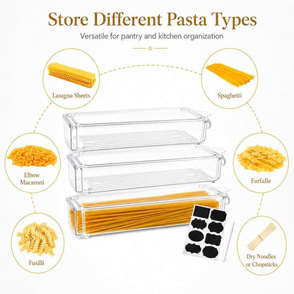 3 Pack Pasta Storage Container Plastic Spaghetti Food Storage Box, Airtight Spaghetti Noodle Holder Rectangular Chopstick Storages Box for Spaghettis, Pasta, Noodles, Eggs, Fruits Snacks