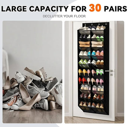 Large Over The Door Shoe Organizer Storage - 10 Tiers Hanging Shoe Organizer Rack with Heavy-Duty 600D Oxford Fabric Material, Widened and Deep Pockets - Fit The Family's Sneakers, Boots, Heels, Black