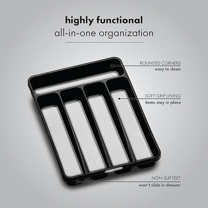 madesmart Small Silverware Tray, 5 Compartment Flatware Organizer for Forks, Knives & Spoons, Non Slip, Soft Grip Lining, Fits Small Drawers, Granite