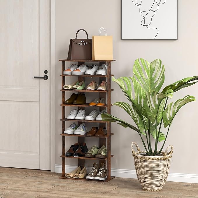 BETTARY 8 Tier Vertical Shoe Rack, Narrow Wooden Corner Shoe Organizer for Small Spaces, Removable Shelves, Anti-toppling Device, Shoe Tower for Entryway, Closet, Bedroom (Rustic Brown, Double Row)