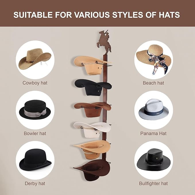 Cowboy Hat Rack Holder for Wall - Wild Western Style Design Hat Organizer with 6 Hat Hooks for Wall Mount, Hat Stand and Hanger for Storage and Organization，Gifts for Men Fathers Dad