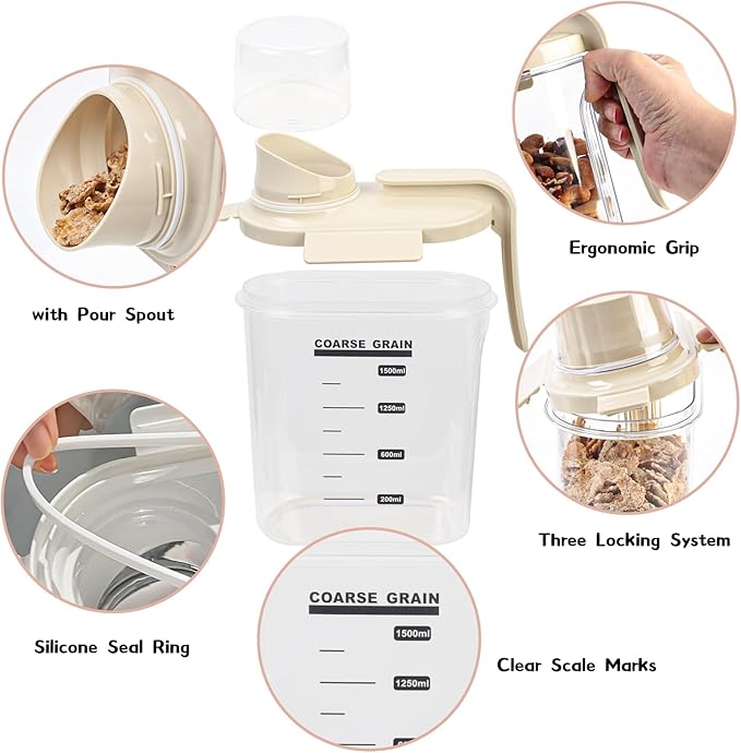 Cereal Containers Storage with Pour Plastic Cereal Storage Container Dispenser Airtight Food Storage Containers with Lids BPA-Free Canisters Sets for Kitchen Pantry Organizers, 1.5L 4 Piece