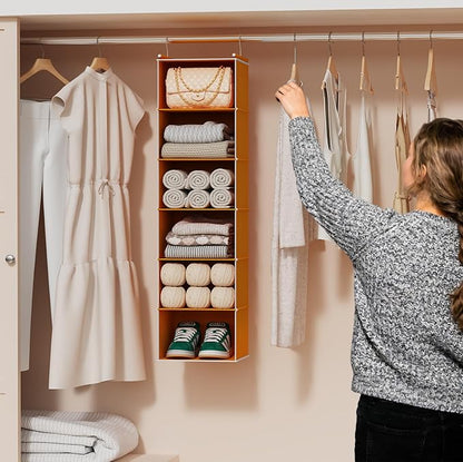 MAX Houser 6-Shelf Hanging Closet Organizer, Hanging Storage Shelves with 2 Sturdy Hooks Space-Saving for Bedroom, Foldable (Yellow)