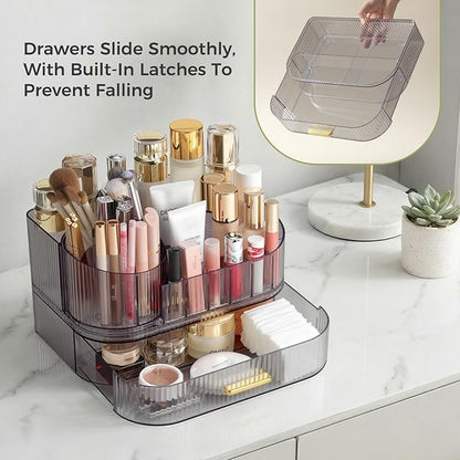 Delamu Makeup Organizer for Vanity with Stackable Drawers, 360 Rotating Makeup Brush Holder Large Cosmetic Display Case, Bathroom Skincare Storage, Crystal Black, Ideal Gifts for Women