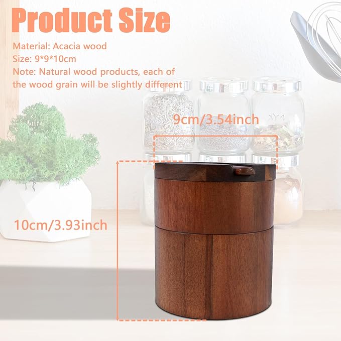 Acacia Wood Salt and Pepper Bowl, Double Layer Salt Cellar Box, Pepper Storage Box, Magnetic Rotatable Seasoning Container with Built in Spoon for Seasonings Spices