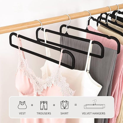 Velvet Pant Hangers, 20pcs Heavy Duty Flocked Trouser Hangers with Non-Slip Bar, 35cm(L) Adult Clothes Hanger with Swivel Hook, Slim Felt Jean Hangers (Black-Silver) Short Neck Huggable Hangar