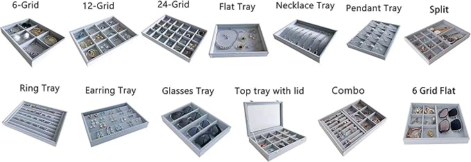 Multi Function Practical Drawer Organizer Jewelry Show Tray Home Store Premium Grade Gray Velvet Stackable Organizer Closet Storage Removable 24-Grid Jewelery Collection Drawer Divider Inserts