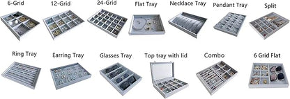 Grey Velvet Stackable Organizer Premium Grade Fabric Soft Protection for Jewelry Collection Removable Rearrangeable 12-Grid Drawer Divider Small Space Storage Ring Necklace Earring