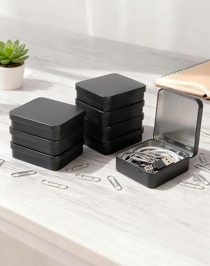 LJY 8 Pack Empty Rectangular Black Metal Storage Organizer Tins with Hinged Lids for Gifts & Treasures (3.7 x 3.3 x 1 inch)