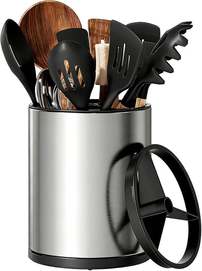 Utensil Holder For Kitchen Counter, Large 360°Rotating Stainless Steel Utensil Crock with 3 Compartment, Drainage Non-Slip