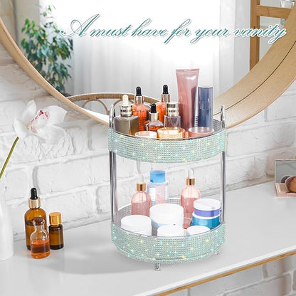 Honeydak 360 Rotating Perfume Organizer for Mother Day Nurse Day Rhinestone Bathroom Counter Organizer Makeup Holder Skincare and Perfume Storage for Cosmetic Countertop(2 Tiers,Resin Stone,Silver)