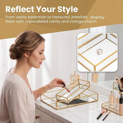 Lyellfe 2 Pack Perfume Trays, Gold Vanity Tray, Decorative Gold Mirror Tray, Non Slip Rectangular Perfume Tray, Jewelry, Bathroom