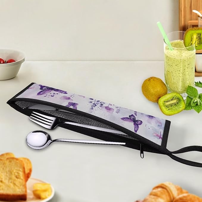 Cutlery Storage Bag Travel Silverware Cloth Bags for Travel Tableware Carrying Bag Travel Silverware Case Utensil Pouch Utensil Case,Purple Butterfly Flowers