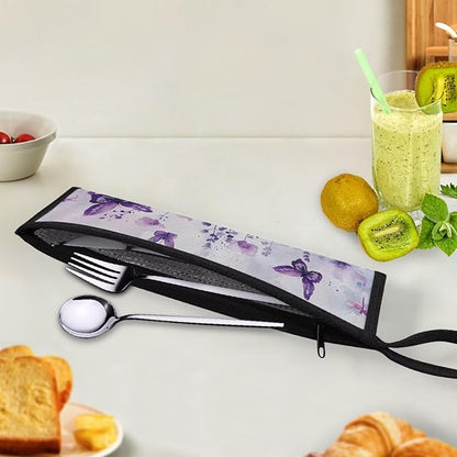 Cutlery Storage Bag Travel Silverware Cloth Bags for Travel Tableware Carrying Bag Travel Silverware Case Utensil Pouch Utensil Case,Purple Butterfly Flowers