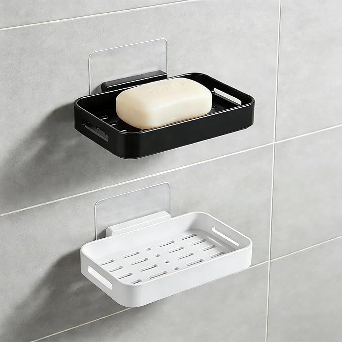 Shower Soap Dish Soap Bar Holder, 2 Pcs Soap Holder for Shower Wall, Plastic No Drill Adhesive Mount Removable Soap Saver Sponge Holder for Bathroom Kitchen Sink, Black