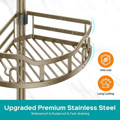 HAMITOR Corner Shower Caddy Tension Pole: Rustproof 4-Tier Bathroom Organizer Shelves for Bathtub Shampoo Storage - 47-121 Inch Quick Install Adjustable Rod Standing Rack with Soap Rack -Tan Khaki