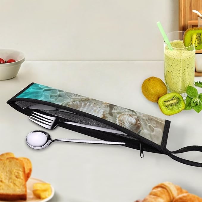 COEQINE Starfish Utensil Holder For Kitchen Travel Portable Cutlery Pouch Metal Straws Case With Handles Portable Small Storage Bag for Fork Spoon Knife Organizer Holder for Pcnic Outdoor