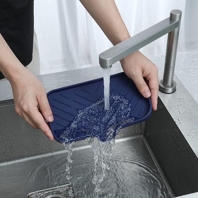 MicoYang Silicone Bathroom Soap Dishes with Drain Spout-Kitchen Sink Organizer,Sponge Holder,Dish Soap Tray,Perfect for Dispenser,Scrubber,Bottle,Cup on Sink or Counter-Navy Blue 9.6"×5.3"