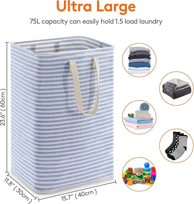 Lifewit 3 Pack Laundry Basket 80L Each, Collapsible Clothes Hamper with Reinforced Handles, Freestanding Waterproof Design for Bedroom and Laundry Room, Blue 240L Total