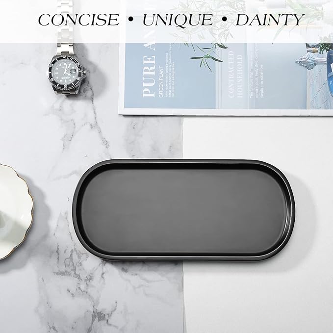 Emibele Black Vanity Tray, 10" Resin Oval Storage Tray for Bathroom Countertop Kitchen Sink Dresser Toilet Tank, Tray Organizer for Jewelry Ring Cosmetic Perfume Candle Soap Shampoo, Matte Black