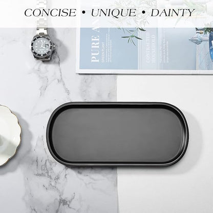 Emibele Black Vanity Tray, 10" Resin Oval Storage Tray for Bathroom Countertop Kitchen Sink Dresser Toilet Tank, Tray Organizer for Jewelry Ring Cosmetic Perfume Candle Soap Shampoo, Matte Black