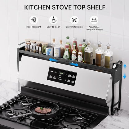 Kitchen Spice Rack Over The Stove, Shelf for Back of Stove, Stove Top Shelf for Seasoning Organizer, Over Oven Shelf, Countertop, Expandable Length 27.3''-32.6'', 4 Adjustable Height (Black, Normal)