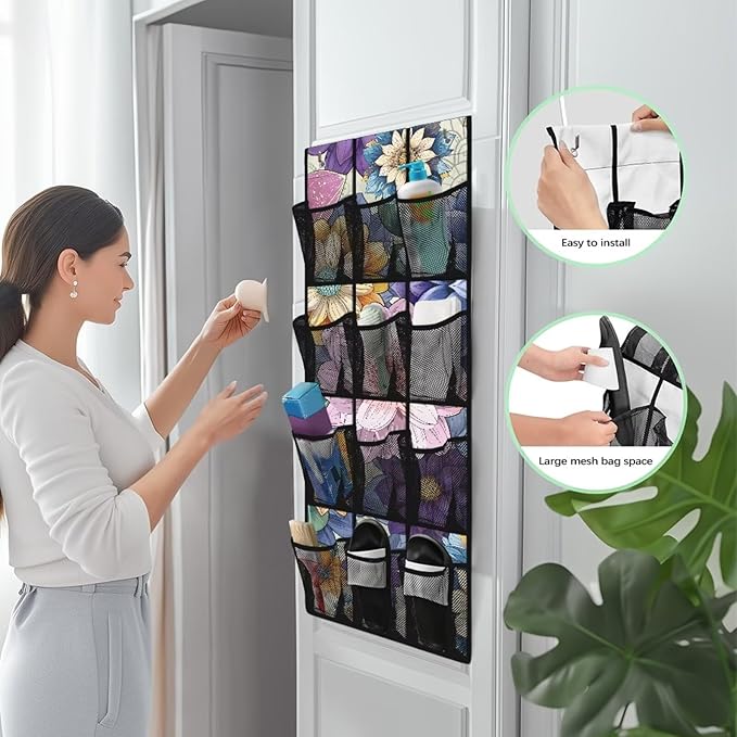 Door Storage Organizer, Blooming Flowers Lightweight Over the Door Shoe Organizer with 12 Large Mesh Pockets No Drill Easy to Install Hanging Rack for Shoes and Accessories