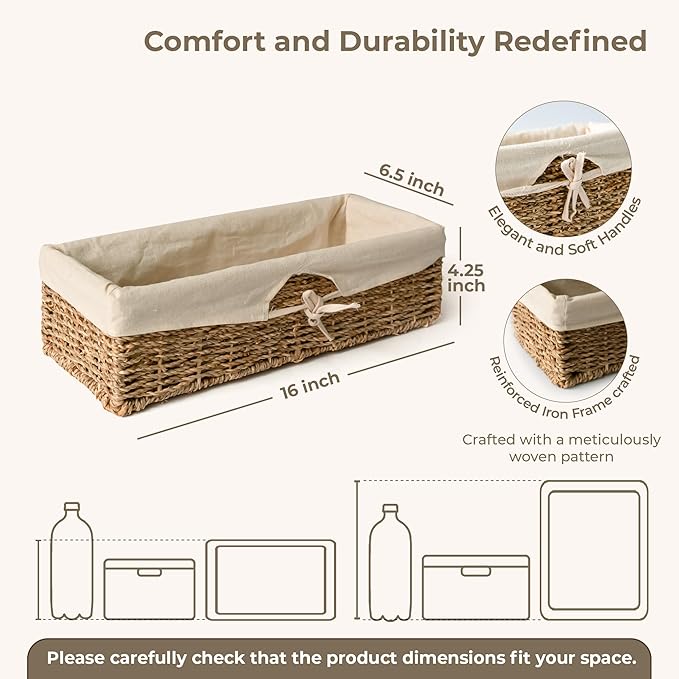 KOKODO Pack of 2 Seagrass Tank Topper Storage Baskets - Woven Wicker Basket for Toilet Paper Holder, Baskets for Vanity, Bathroom, Pantry Organizing, or Coffee Table Decor