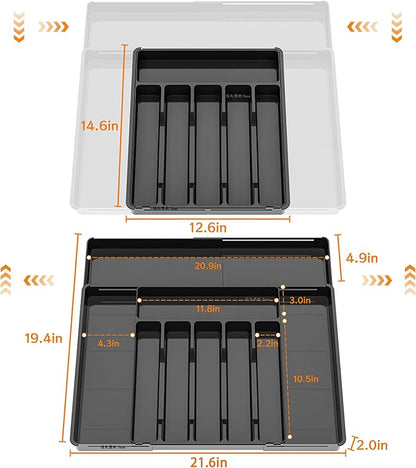 BPA-Free Expandable Utensil Drawer Organizer - Black Plastic Adjustable Storage Tray for Kitchen Flatware, Knives, Forks and Spoons