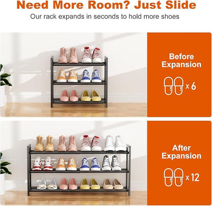 Expandable Shoe Rack for Small Spaces, Adjustable Width 18.5"–33", 3-Tier Sturdy Metal Shoe Organizer for Entryway, Closet, Bedroom Garage Dorm, Free Standing Shoe Organizer 12 Pairs with Hooks, Black