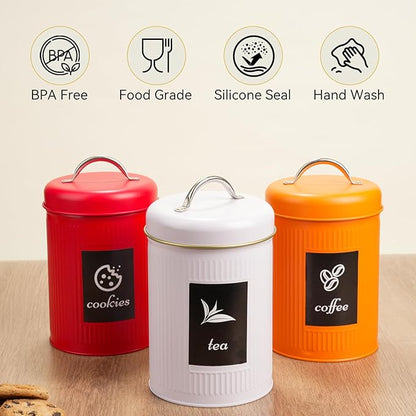 Farmhouse Coffee Canister Storage Container, 42 Oz Vintage Coffee Bean Airtight Jar with Lids, Food Tins with 12 Label Stickers, Kitchen Counter Pantry Organization for Candy Sugar Cookie Tea (Red)