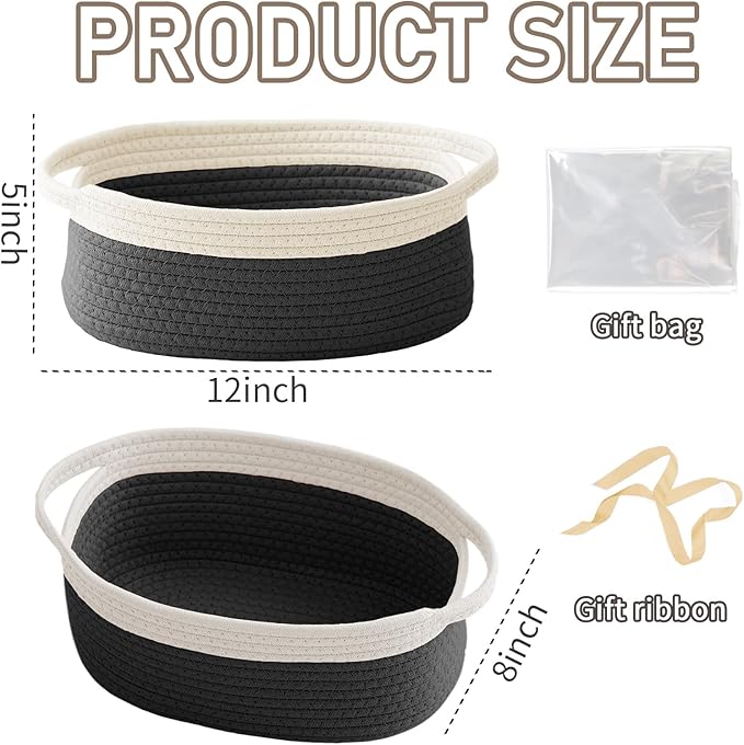 JMvicyroam Woven Basket,Small Rope Storage Bin with Handles & Ribbon Bag, Organizer for Shelves Closets,Gift Basket Empty for Birthday,Books,Dog Toys, White&Black