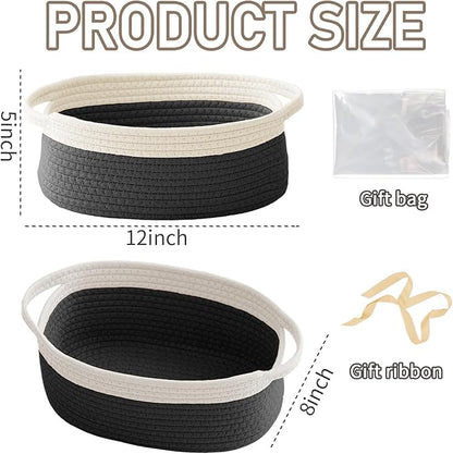 JMvicyroam Woven Basket,Small Rope Storage Bin with Handles & Ribbon Bag, Organizer for Shelves Closets,Gift Basket Empty for Birthday,Books,Dog Toys, White&Black