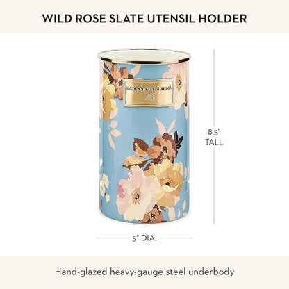 MACKENZIE-CHILDS Enamel Utensil Holder, Stylish Kitchen Countertop Organizer, Wild Rose Slate