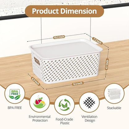 Plastic Storage Bins with Lid, Stackable Small Box Basket for Organizing and Containers for Shelves Drawers Desktop Closet Playroom Pantry Classroom Office Home, 8-pack 10.2x7.2x4.1 Inch, White