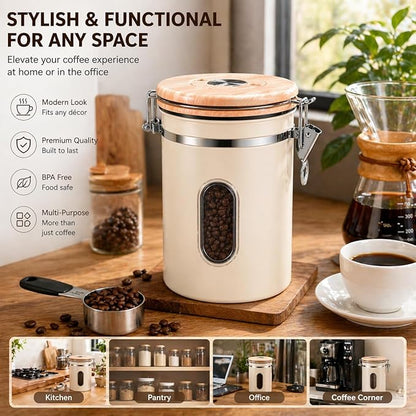 22oz Coffee Canister Airtight Stainless Steel Coffee Bean Storage Container with Date Tracker & Window, One-Way CO2 Valve, Metal Scoop, Kitchen Food Storage Jar for Coffee Beans Tea Sugar Rice