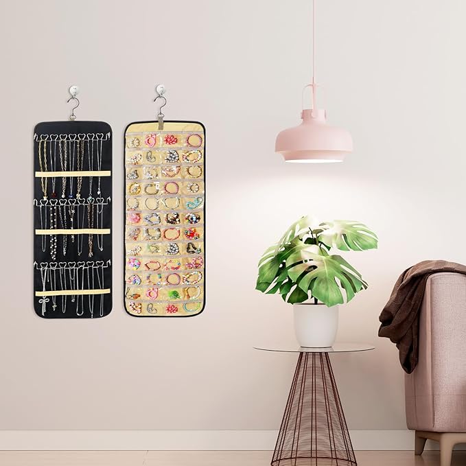 2 Pack Hanging Jewelry Organizer Storage with 48 Pockets and Hooks Dual-Sided Hanging Jewelry Organizers and Storage Hang on Closet, Wall, Door for Earrings, Necklaces, Rings,Blcak
