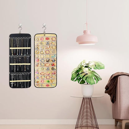 2 Pack Hanging Jewelry Organizer Storage with 48 Pockets and Hooks Dual-Sided Hanging Jewelry Organizers and Storage Hang on Closet, Wall, Door for Earrings, Necklaces, Rings,Blcak