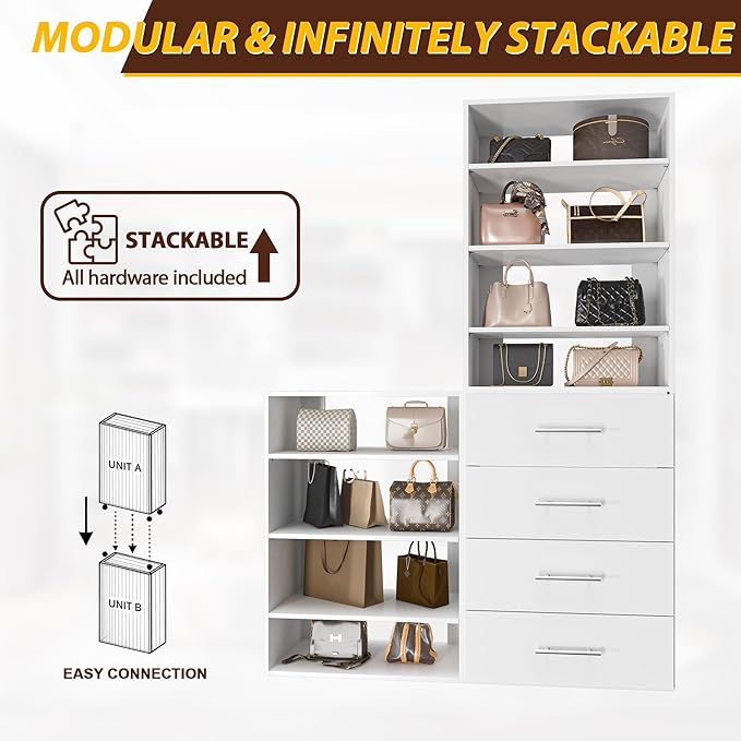 19.5" Wide 4 Drawer Tower Modular Closet System, Closet Storage Organizer with 4 Drawers, White