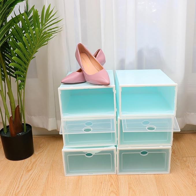 Healeved 6pcs Stackable Shoes Storage Boxes with White Frame Plastic Shoe Containers for Women’s Closet Organization