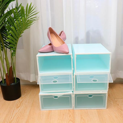 Stackable Shoe Boxes for Women, Thickened Plastic Shoe Storage Containers with White Frame Blue Lid, 6pcs Sturdy Organizer for Closet and Sneaker Storage