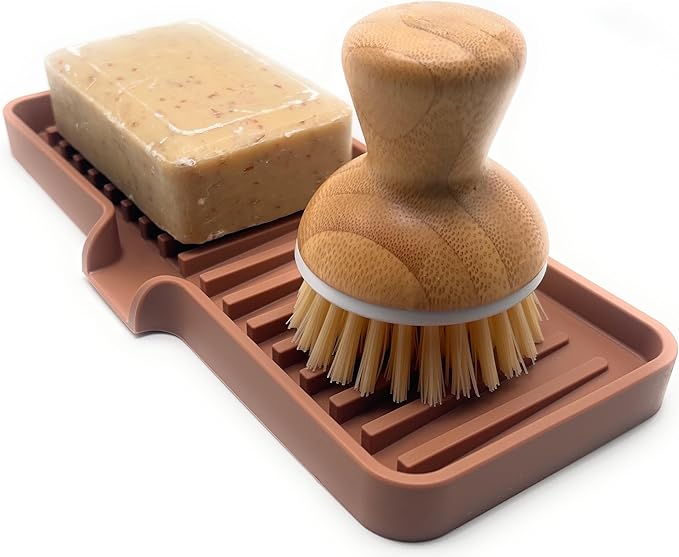 Silicone Soap Dish Tray and Sponge Holder with Drain Chute, Rectangular, Kitchen and Bathroom Sink Organizer (Mocha, 9"x3.5")