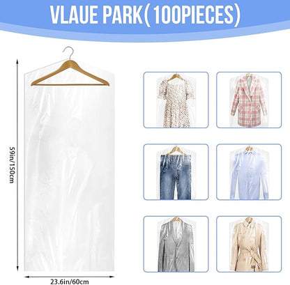 100 Pack Dry Cleaning Bags for Clothes, 60x150 cm Dry Cleaner Bags Plastic Clear, Dust-proof Plastic Garment Bags for Dry Cleaner, Home Storage, Travel, Moving