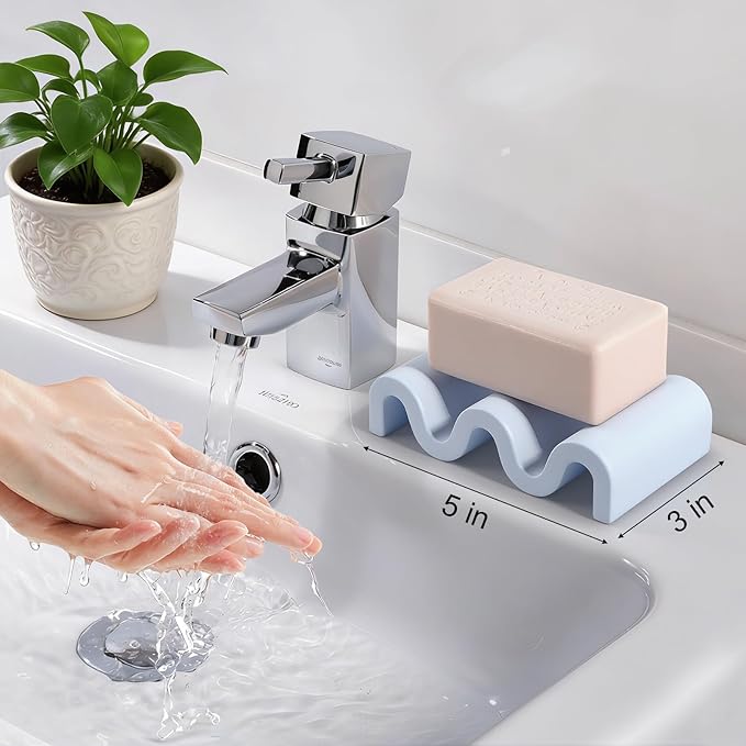 Diatomite Soap Dish Quick Drying Bar Soap Holder Draining Soap Saver Rack Wave Pattern Sponge Tray for Bathroom Sink, Shower, Kitchen, Blue